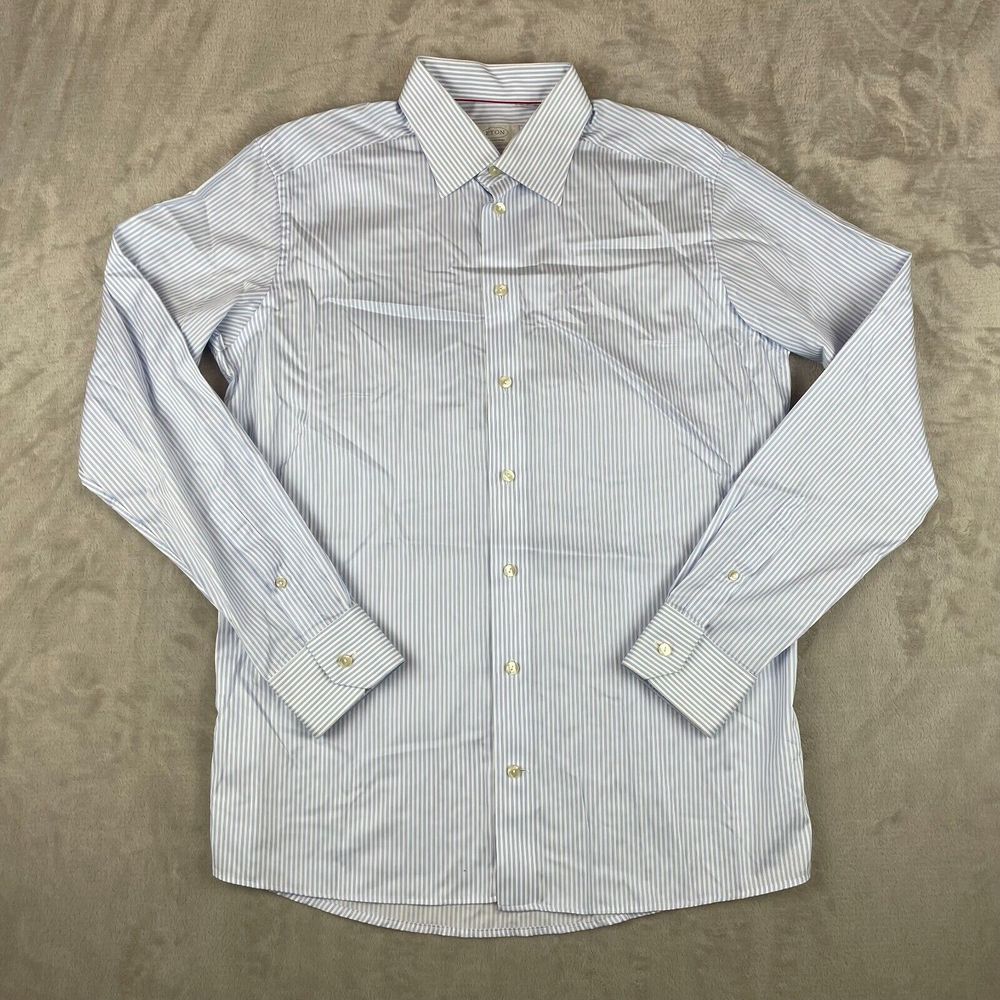 Eton Dress Shirt Men 42 16.5 Blue White Stripe Contemporary Long Sleeve Nwot